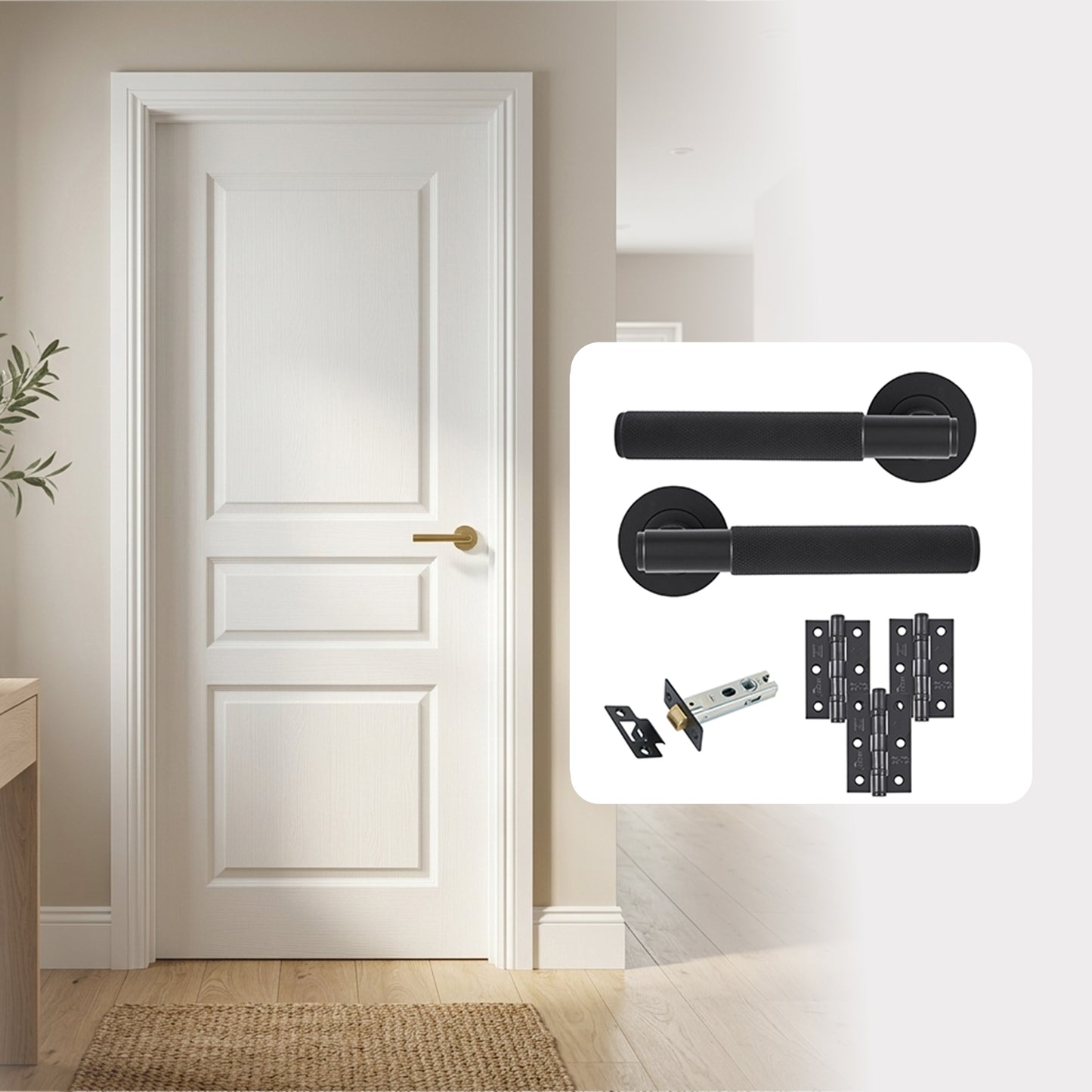 White Primed 3 Panel Textured Hollow Core Internal Door with Handle Pack