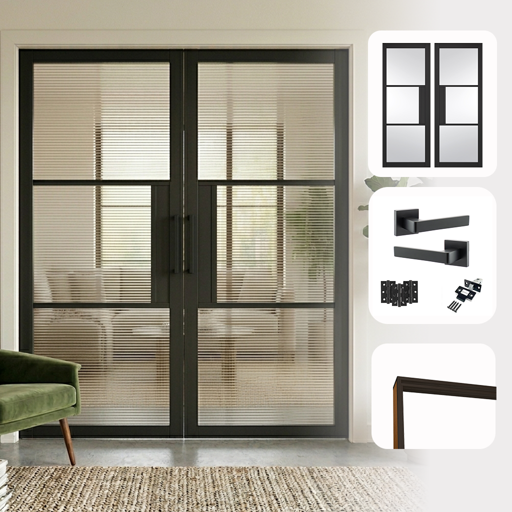 Tribeca Black Reeded Glazed Internal Pair Door Set